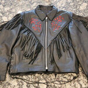 Western Style Women’s Black Leather Jacket With Tassels And Roses Womens Large
